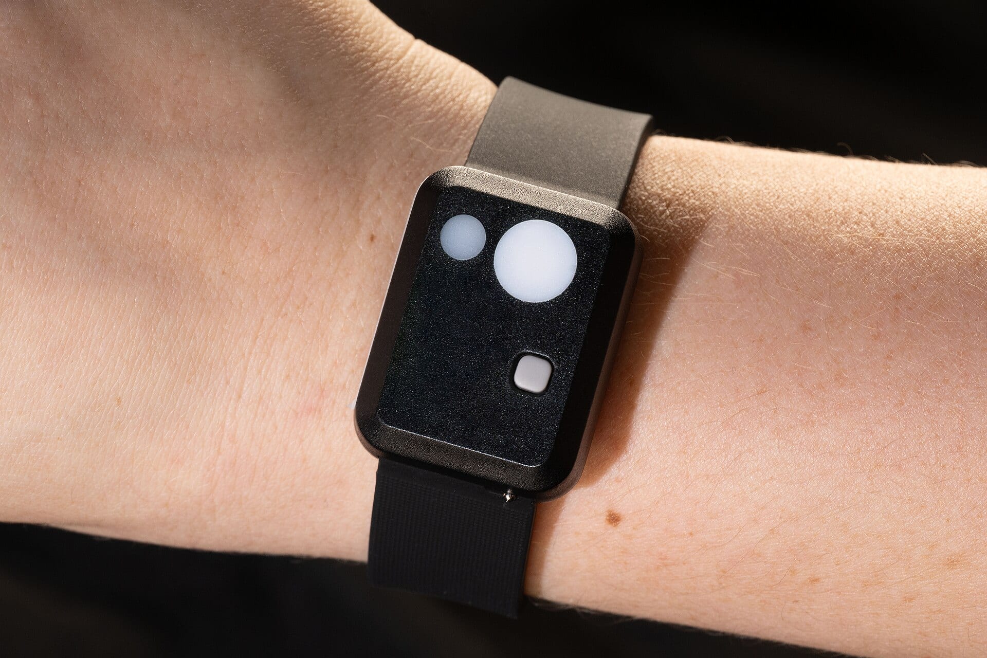 A small wrist-worn actigraphy device that records movement through the day