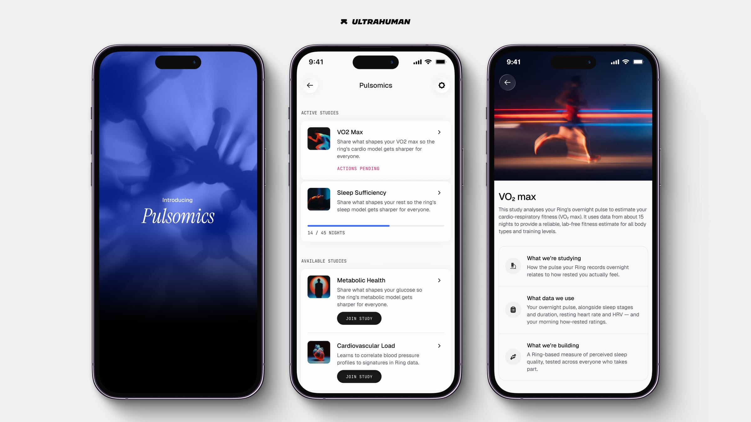 Three phone screens from the Ultrahuman app showing its Pulsomics research studies